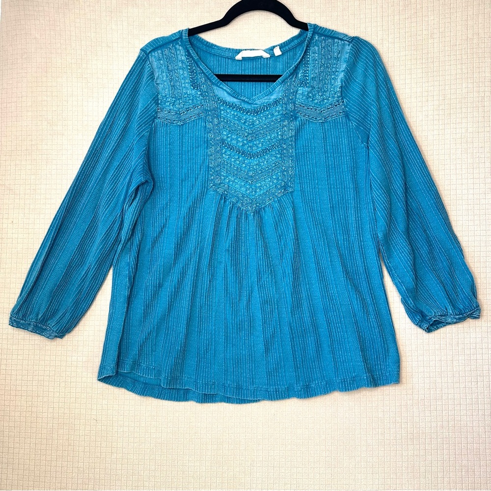 Soft  Surroundings ‘Swept Away’ Embroidered Tunic Top Size PL Teal 3/4 Sleeves